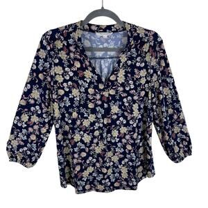 Turo By Vince Camuto Navy Blue Floral Print Lightweight 3/4 Sleeve Blouse Size S